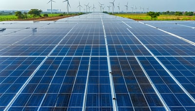 Solar panels and wind turbines symbolising Hindustan Power's commitment to renewable energy in India Solar panels and wind turbines symbolising Hindustan Power's commitment to renewable energy in India